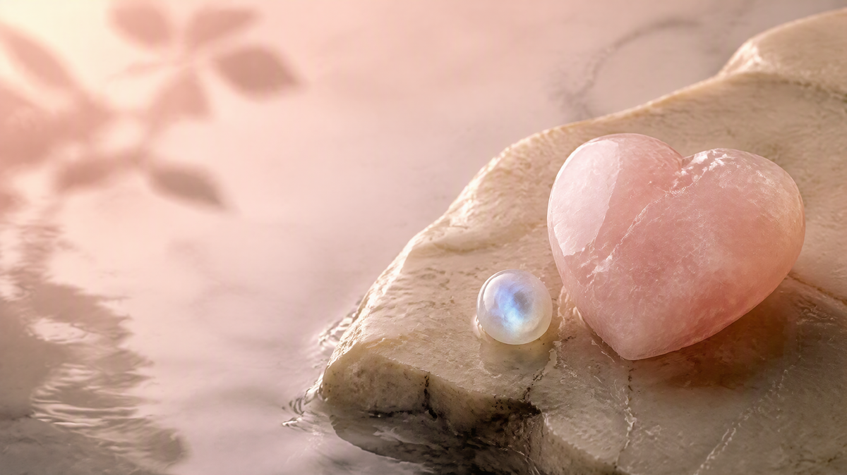 Rose quartz and moonstone on wet stone in soft blush light