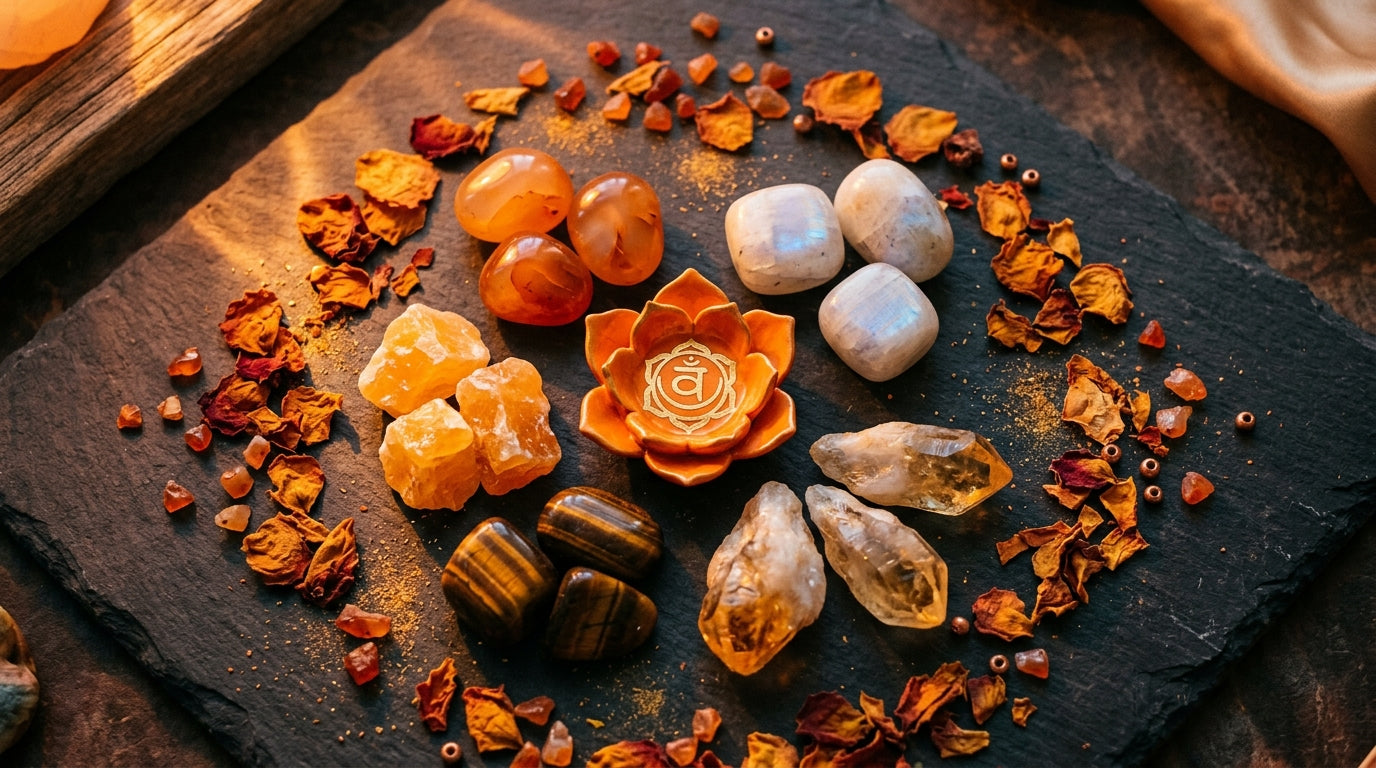 Sacral Chakra Crystals: Carnelian, Orange Calcite, Moonstone, Tiger's Eye, and Citrine arranged on dark surface with warm orange and golden tones