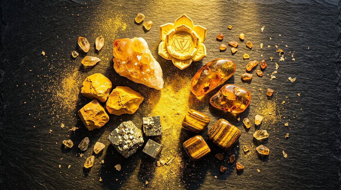 Solar Plexus Chakra Crystals: Citrine, Tiger's Eye, Yellow Jasper, Pyrite, and Amber arranged on dark surface with golden yellow and warm amber tones