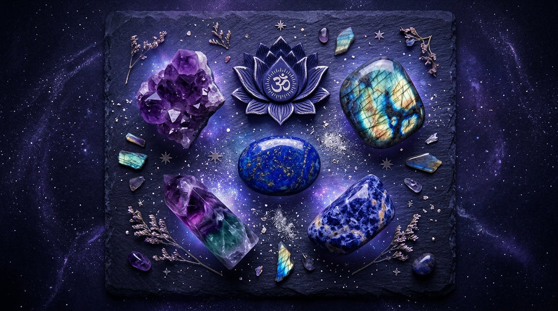 Third Eye Chakra Crystals: Amethyst, Labradorite, Lapis Lazuli, Fluorite, and Sodalite arranged on dark surface with deep indigo and violet tones