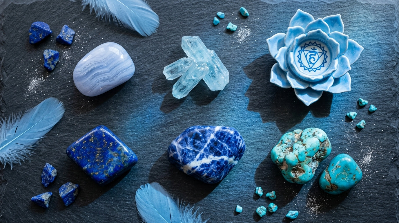 Throat Chakra Crystals: Blue Lace Agate, Aquamarine, Lapis Lazuli, Sodalite, and Turquoise arranged on dark surface with soft blue and cerulean tones
