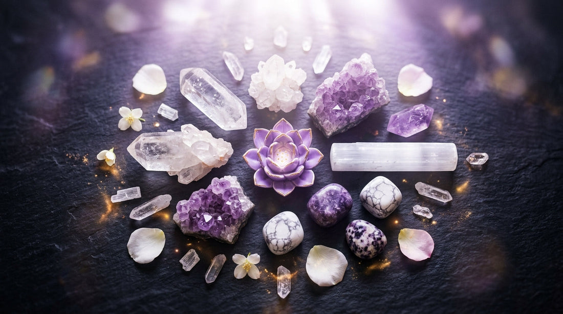 Crown Chakra Crystals: Clear Quartz, Amethyst, Selenite, Lepidolite, and Howlite arranged on dark surface with pure white and soft violet tones