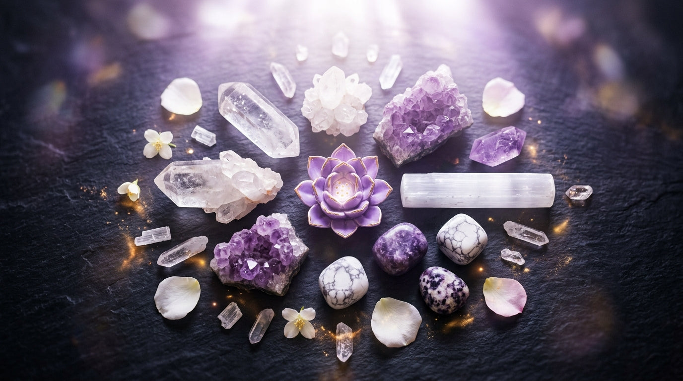 Crown Chakra Crystals: Clear Quartz, Amethyst, Selenite, Lepidolite, and Howlite arranged on dark surface with pure white and soft violet tones
