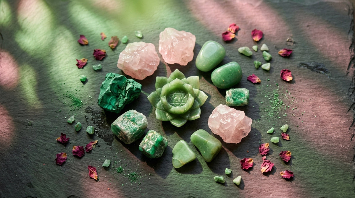 Heart Chakra Crystals: Rose Quartz, Green Aventurine, Emerald, Jade, and Malachite arranged on dark surface with soft green and pink tones