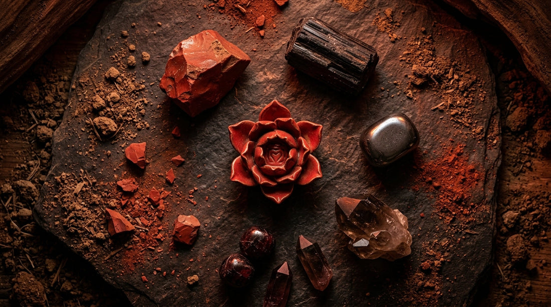 Root Chakra Crystals: Red Jasper, Black Tourmaline, Hematite, Smoky Quartz, and Garnet arranged on dark surface with deep red and earth tones