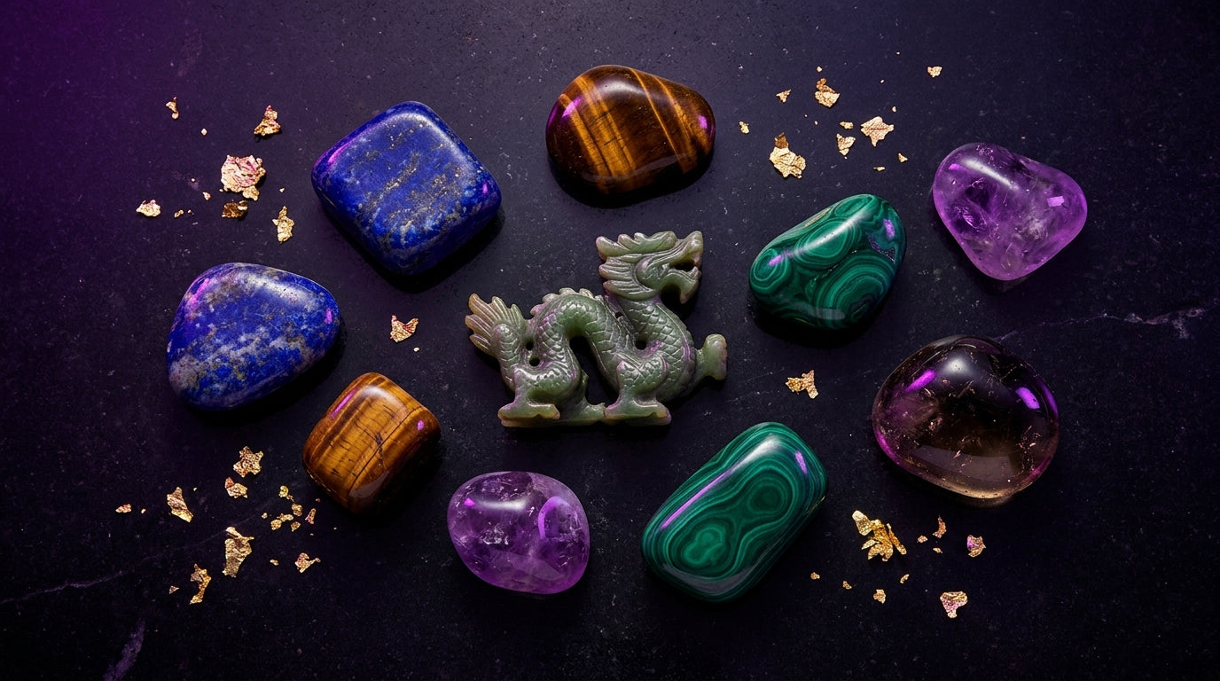 Dragon Zodiac Crystals: Lapis Lazuli, Tiger's Eye, Amethyst, Malachite, and Smoky Quartz arranged on dark polished stone