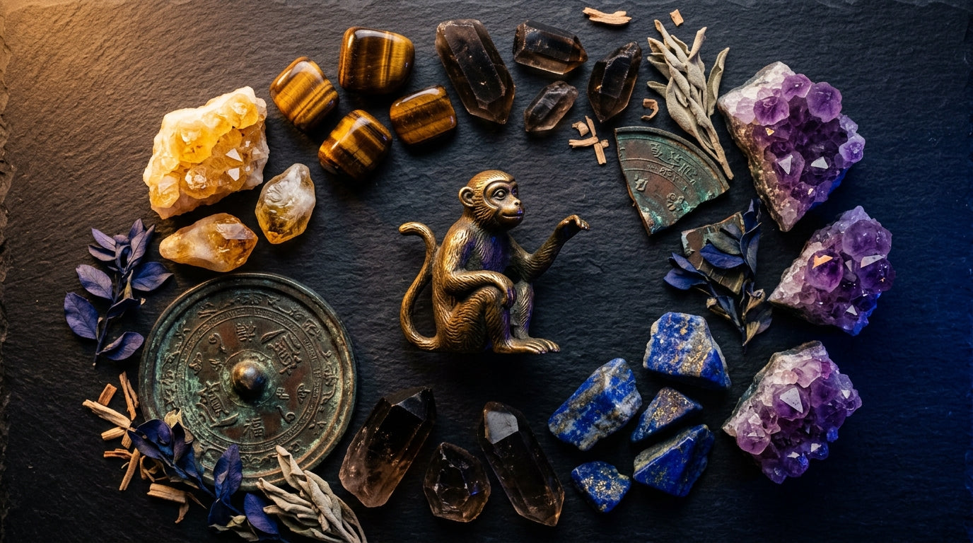 Monkey Zodiac Crystals: The trickster genius of the zodiac — brilliant wit, boundless curiosity, and the magnetic charm that turns obstacles into opportunities