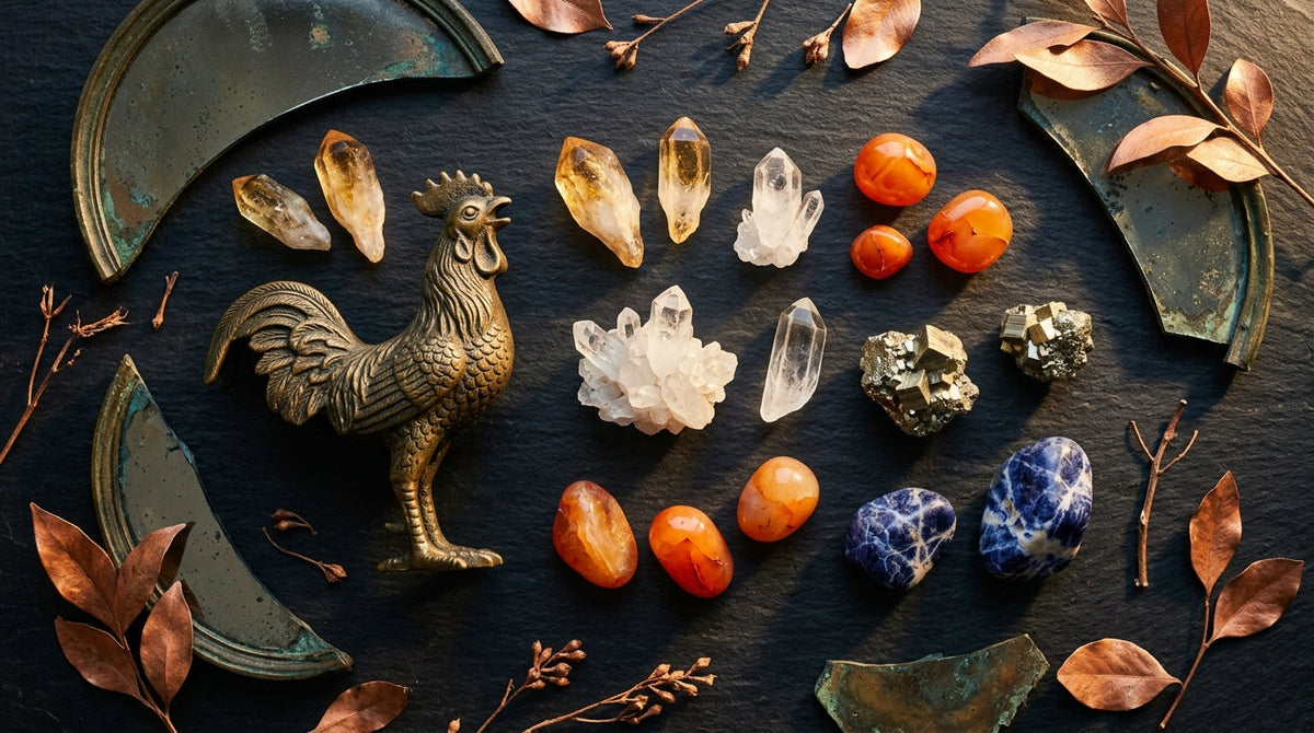 Rooster Zodiac Crystals: The vigilant sentinel of the zodiac — sharp perception, unwavering integrity, and the disciplined grace that transforms effort into excellence