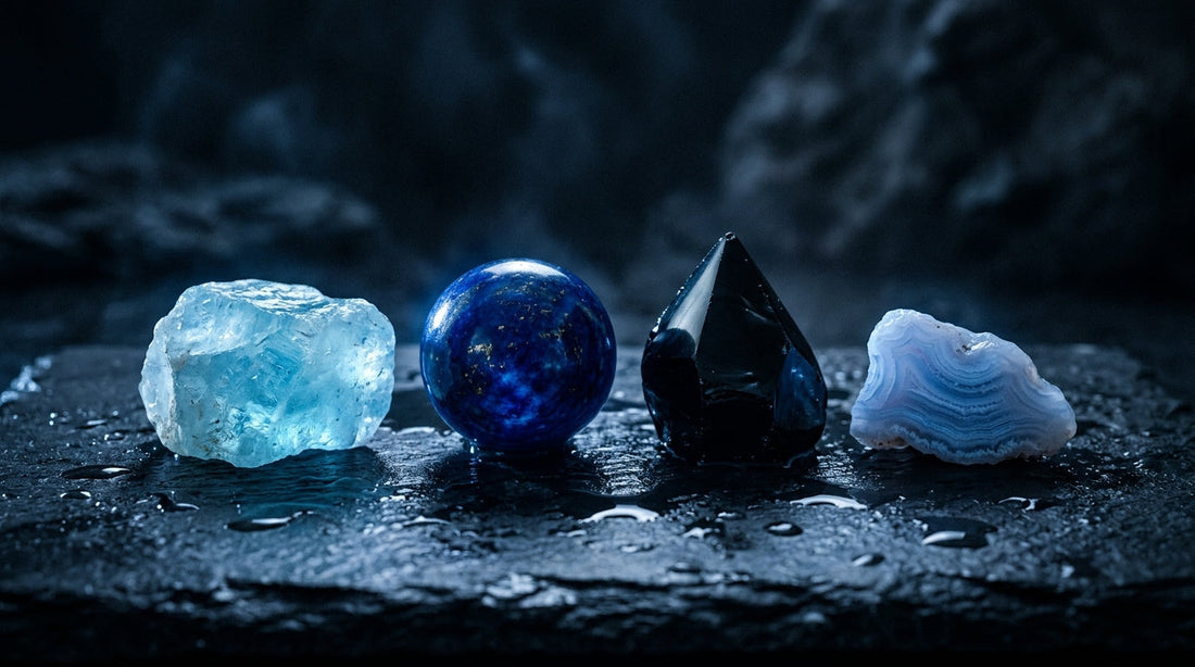 Water Element Crystals: Aquamarine, Lapis Lazuli, and Labradorite arranged on dark wet stone