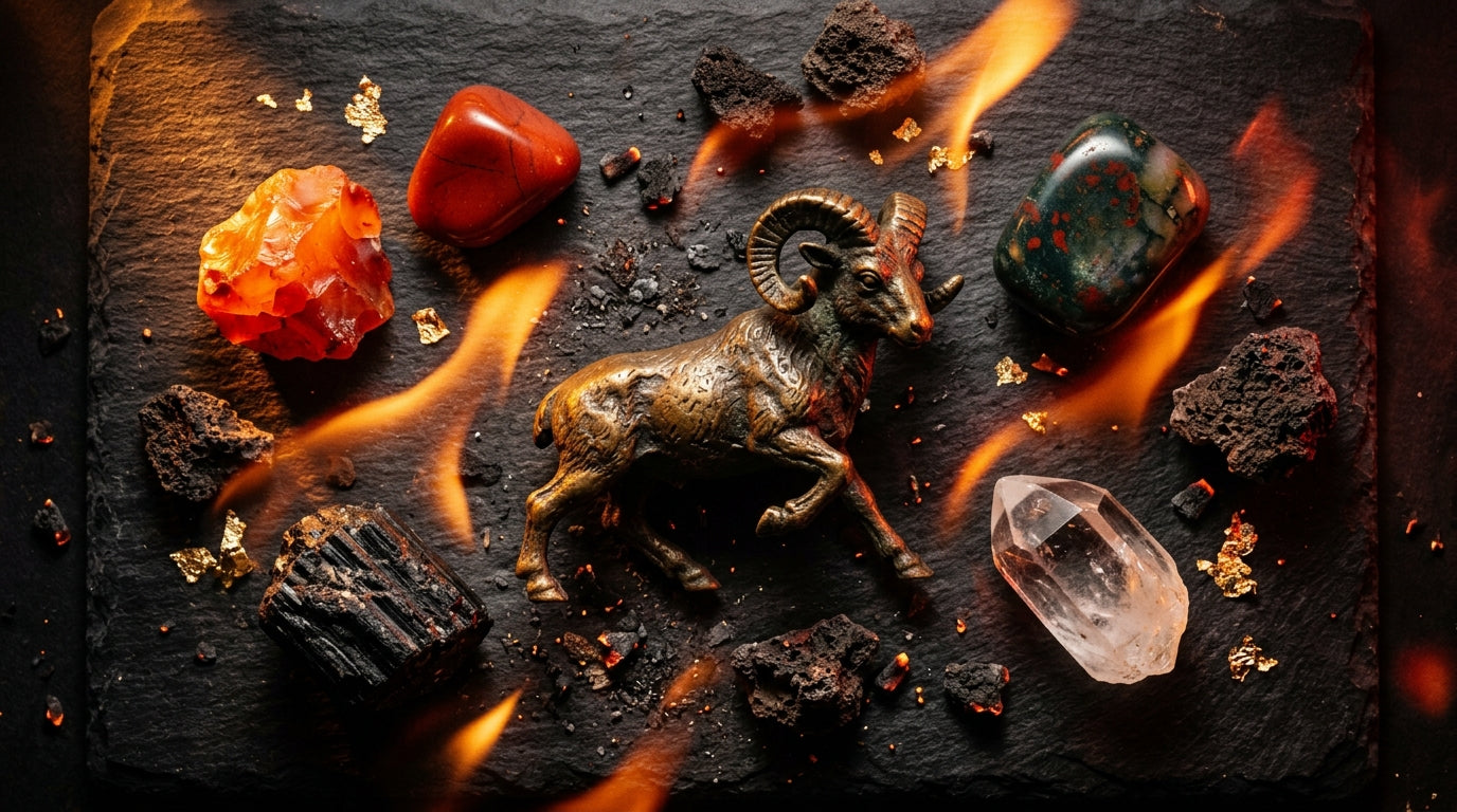 Aries Zodiac Crystals: Carnelian, Red Jasper, Bloodstone, Clear Quartz, and Black Tourmaline arranged on dark surface with fiery light
