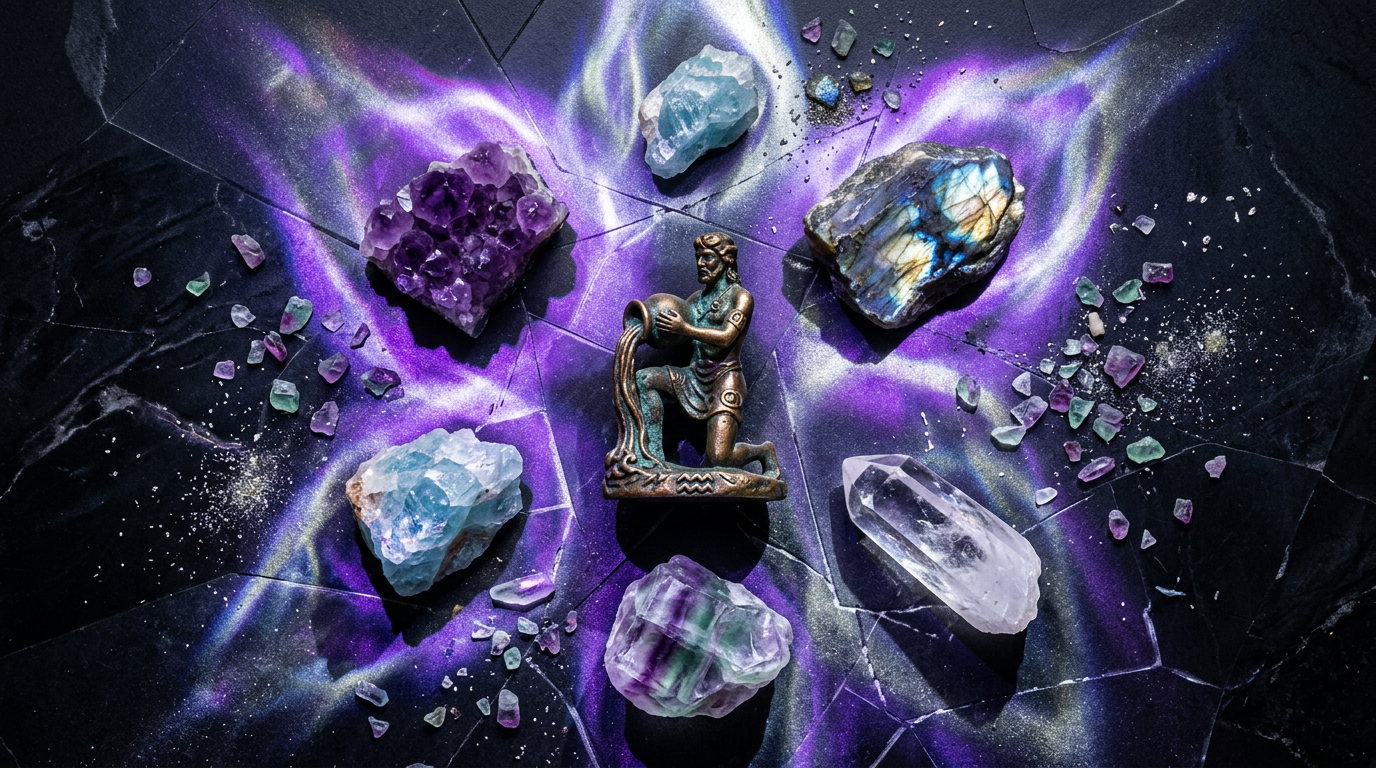 Aquarius Zodiac Crystals: Amethyst, Labradorite, Aquamarine, Clear Quartz, and Fluorite arranged on dark surface with electric blue and purple tones