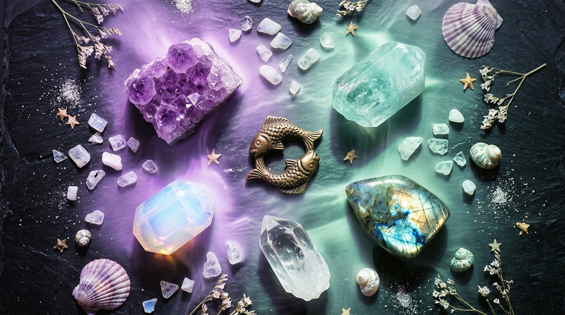 Pisces Zodiac Crystals: Amethyst, Aquamarine, Moonstone, Clear Quartz, and Labradorite arranged on ethereal surface with soft purple and seafoam tones