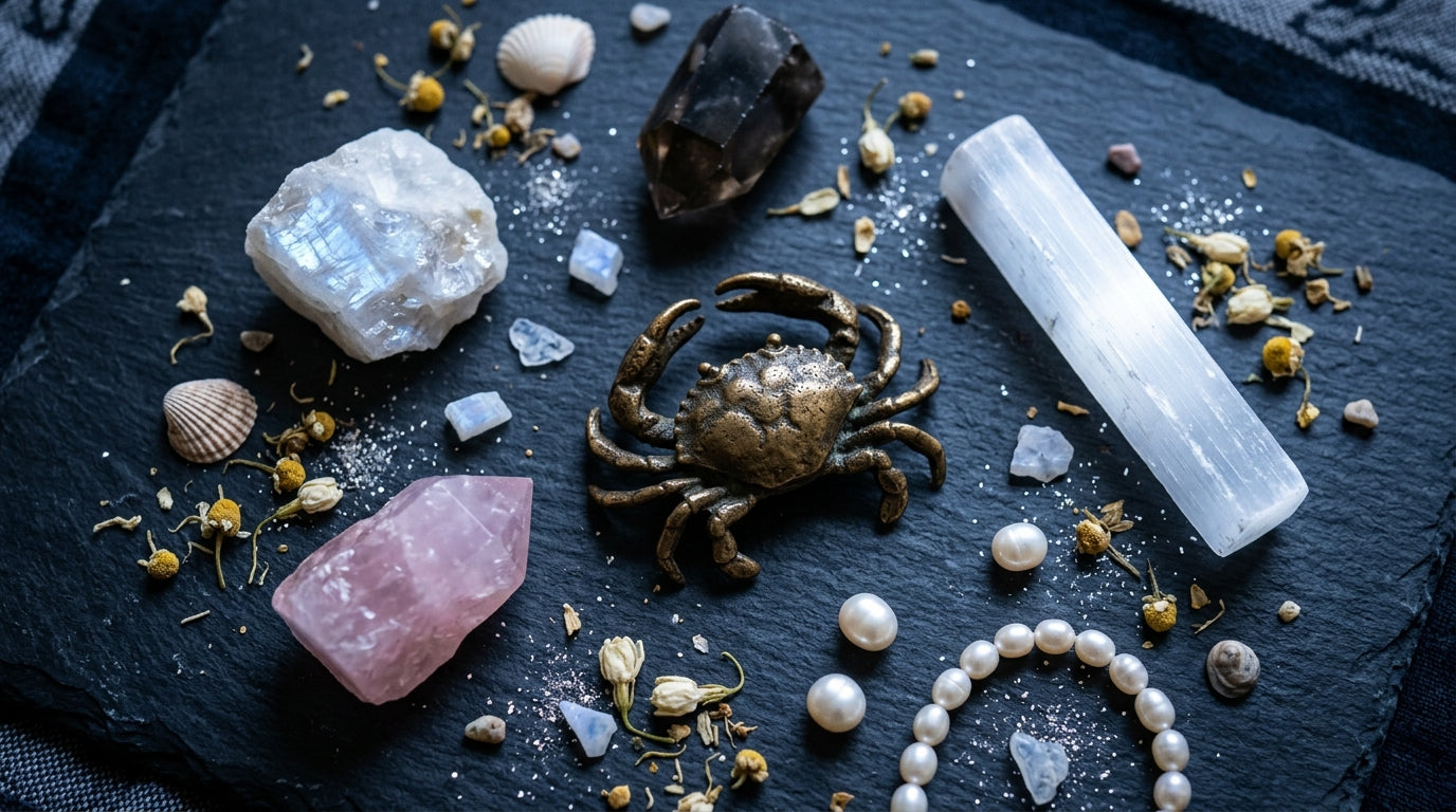 Cancer Zodiac Crystals: Moonstone, Pearl, Rose Quartz, Smoky Quartz, and Selenite arranged on dark surface with moonlit light