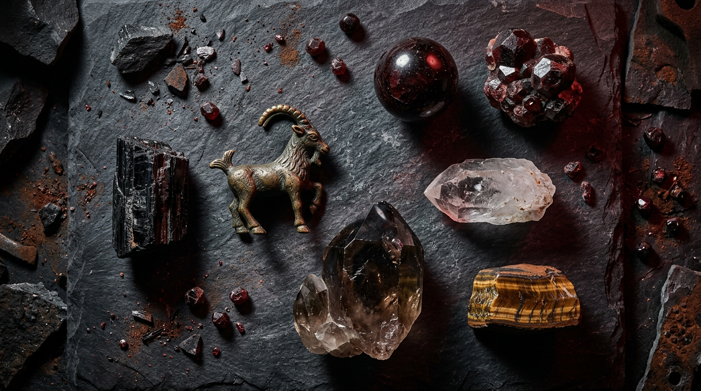 Capricorn Zodiac Crystals: Smoky Quartz, Black Tourmaline, Garnet, Clear Quartz, and Tiger's Eye arranged on dark surface with earthy light