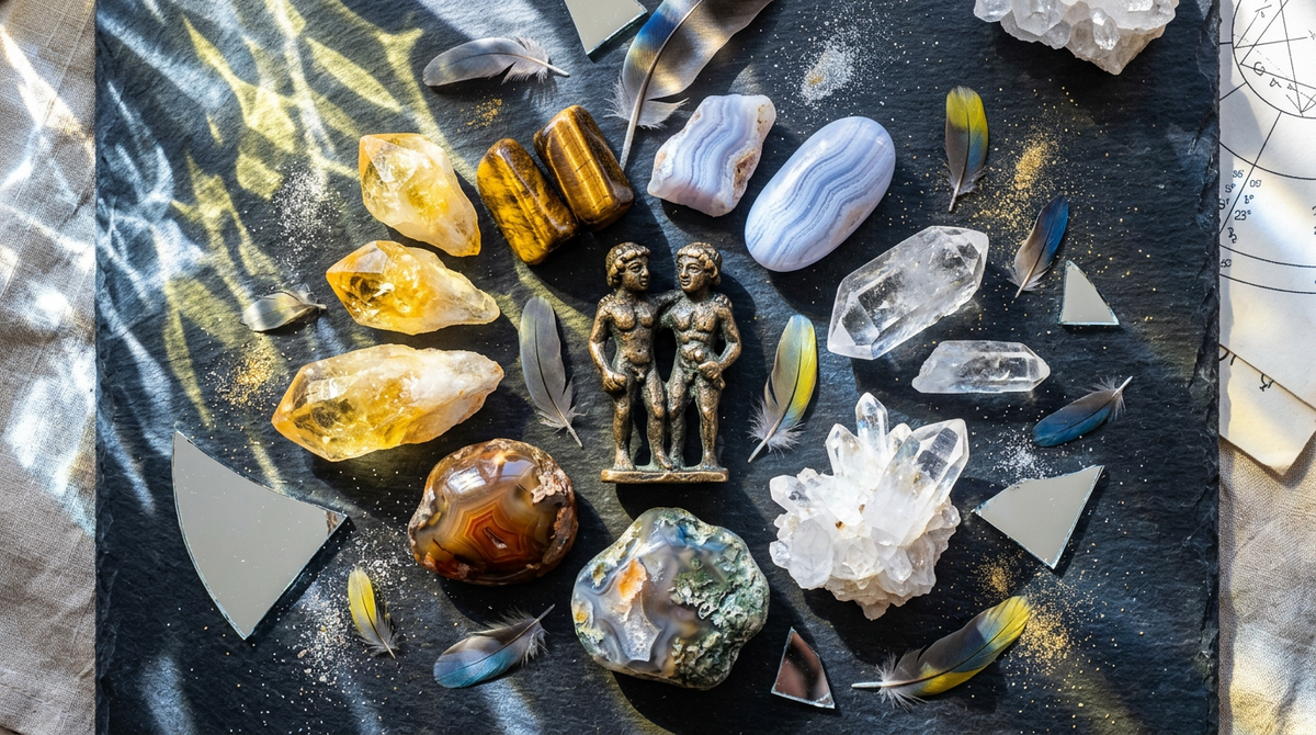 Gemini Zodiac Crystals: Citrine, Tiger's Eye, Agate, Clear Quartz, and Blue Lace Agate arranged on dark surface with airy light