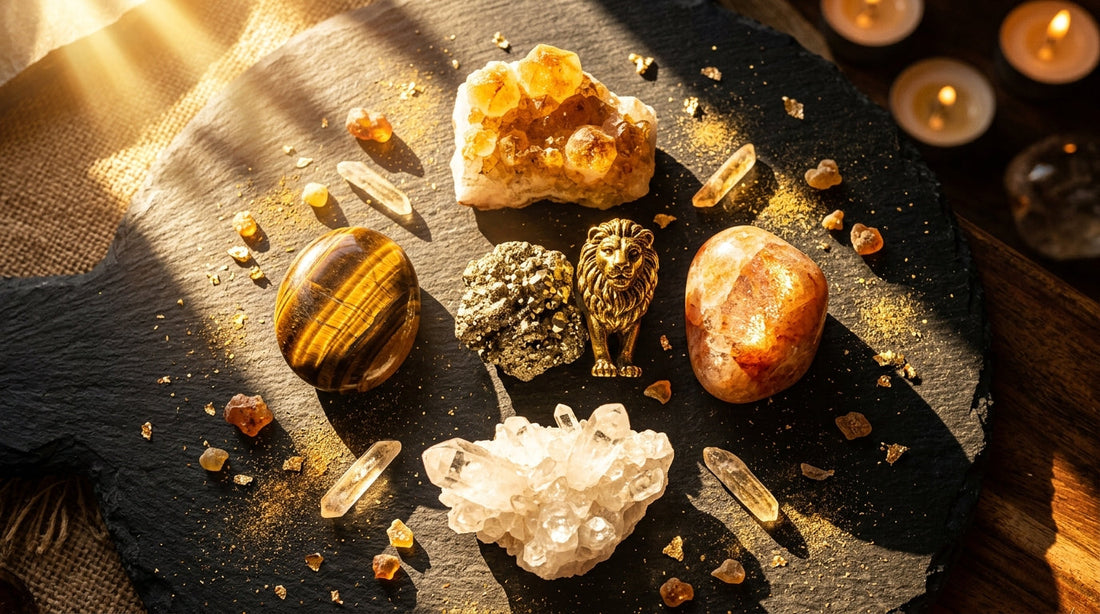 Leo Zodiac Crystals: Citrine, Sunstone, Tiger's Eye, Pyrite, and Clear Quartz arranged on dark surface with golden sunlight