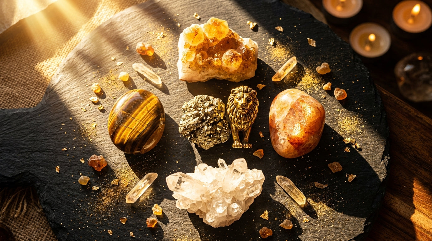 Leo Zodiac Crystals: Citrine, Sunstone, Tiger's Eye, Pyrite, and Clear Quartz arranged on dark surface with golden sunlight