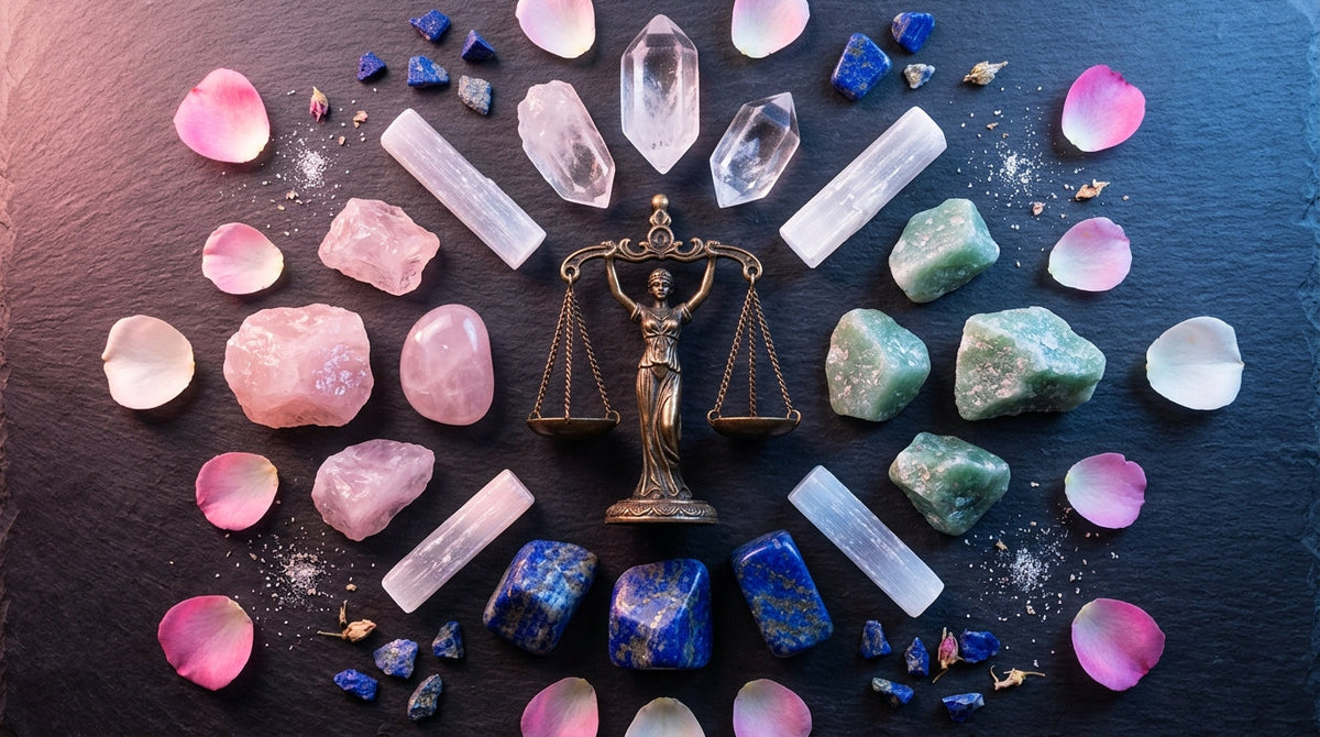 Libra Zodiac Crystals: Rose Quartz, Lapis Lazuli, Green Aventurine, Clear Quartz, and Selenite arranged on dark surface with harmonious pink and blue light