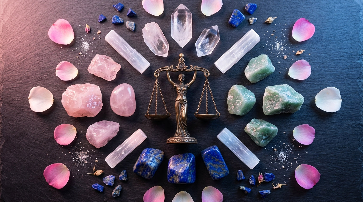 Libra Zodiac Crystals: Rose Quartz, Lapis Lazuli, Green Aventurine, Clear Quartz, and Selenite arranged on dark surface with harmonious pink and blue light