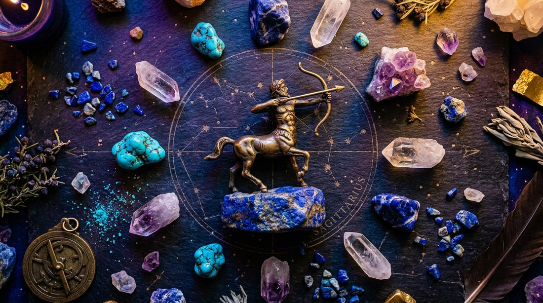 Sagittarius Zodiac Crystals: Lapis Lazuli, Sodalite, Turquoise, Clear Quartz, and Amethyst arranged on dark surface with deep blue and teal tones