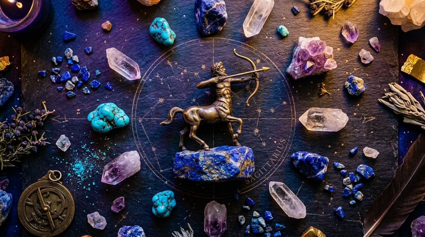 Sagittarius Zodiac Crystals: Lapis Lazuli, Sodalite, Turquoise, Clear Quartz, and Amethyst arranged on dark surface with deep blue and teal tones