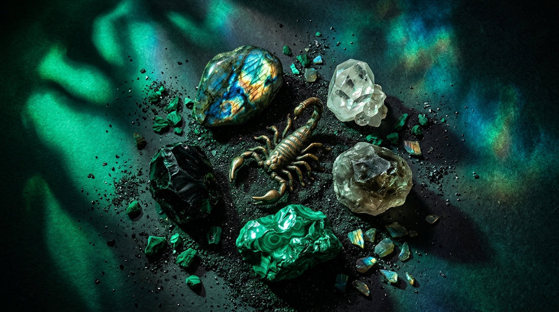 Scorpio Zodiac Crystals: Obsidian, Malachite, Labradorite, Smoky Quartz, and Clear Quartz arranged on dark surface with deep purple and silver light
