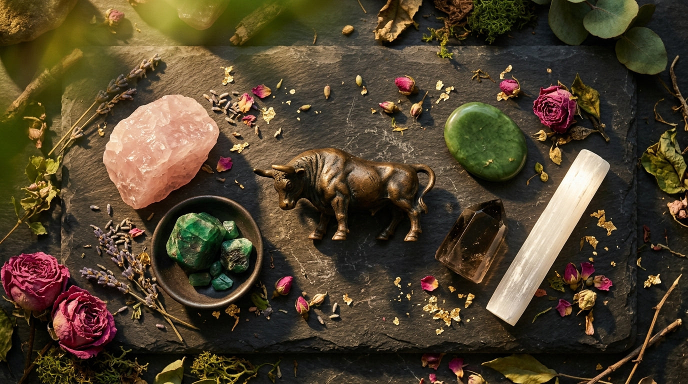 Taurus Zodiac Crystals: Rose Quartz, Emerald, Jade, Smoky Quartz, and Selenite arranged on dark stone surface with golden light