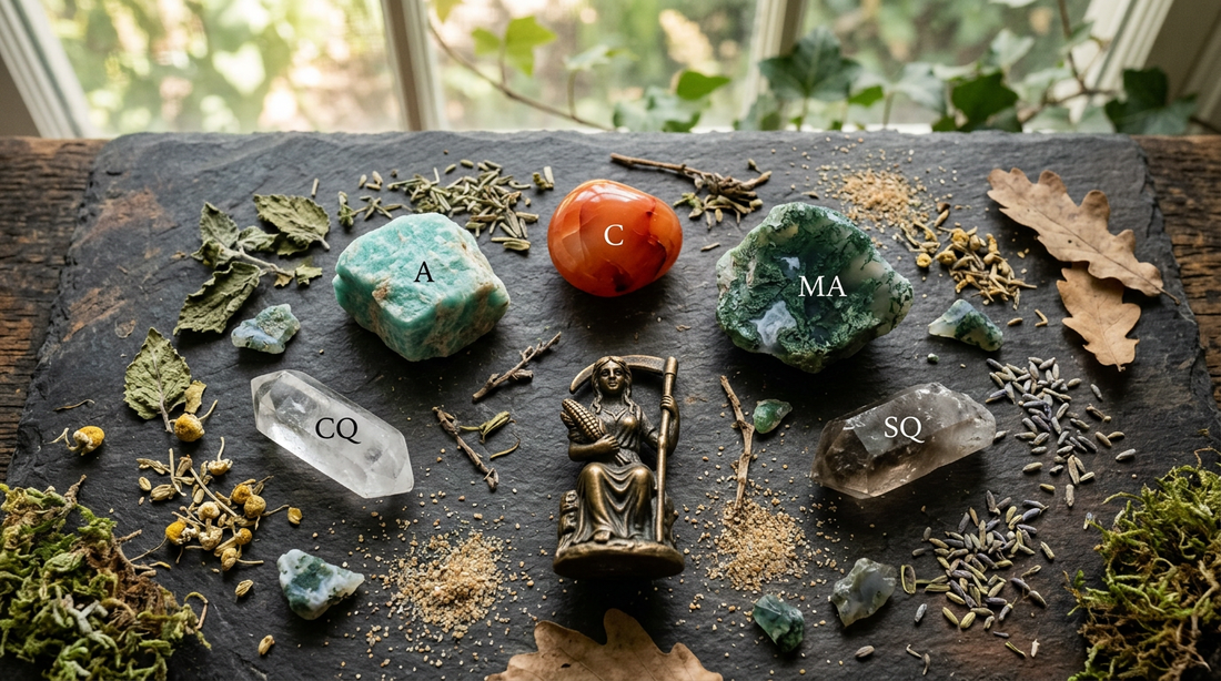 Virgo Zodiac Crystals: Amazonite, Carnelian, Moss Agate, Clear Quartz, and Smoky Quartz arranged on earthy surface with soft green and beige tones