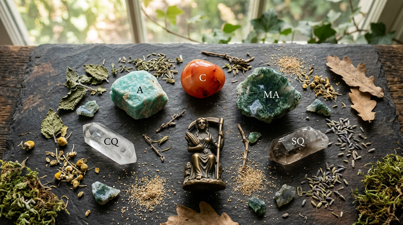 Virgo Zodiac Crystals: Amazonite, Carnelian, Moss Agate, Clear Quartz, and Smoky Quartz arranged on earthy surface with soft green and beige tones