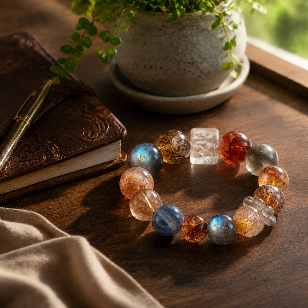 Elemental Harmony Mixed Crystal Bracelet: Labradorite, Kyanite & Rutilated Quartz