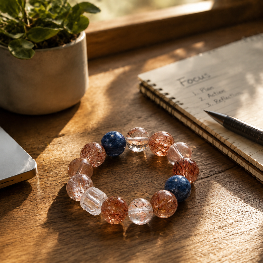 Focus & Clarity Crystal Bracelet: Blue Kyanite & Copper Rutilated Quartz