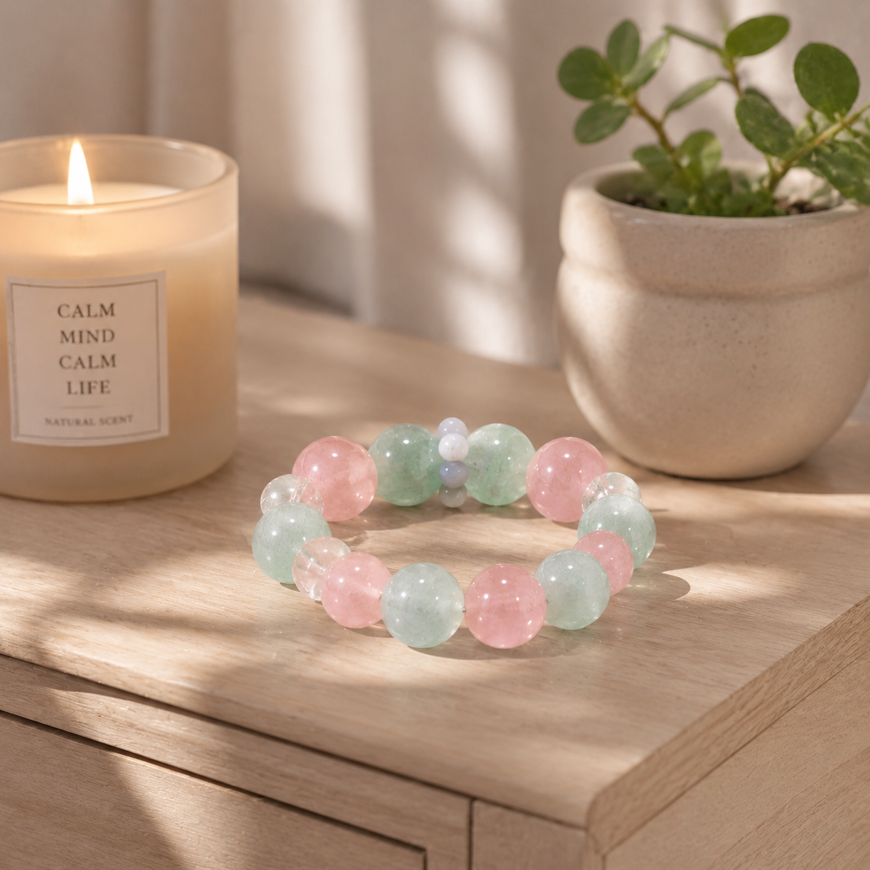 Love & Calm Crystal Bracelet: Rose Quartz & Green Beryl (Aquamarine Family)