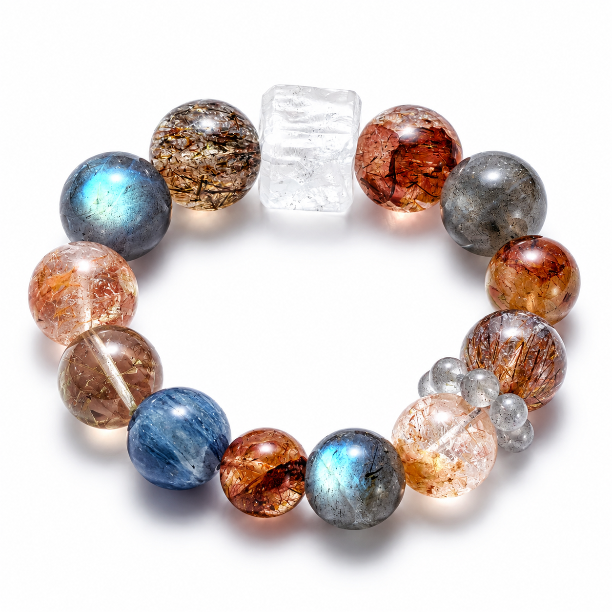 Elemental Harmony Mixed Crystal Bracelet: Labradorite, Kyanite & Rutilated Quartz