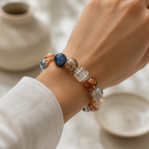 Elemental Harmony Mixed Crystal Bracelet: Labradorite, Kyanite & Rutilated Quartz