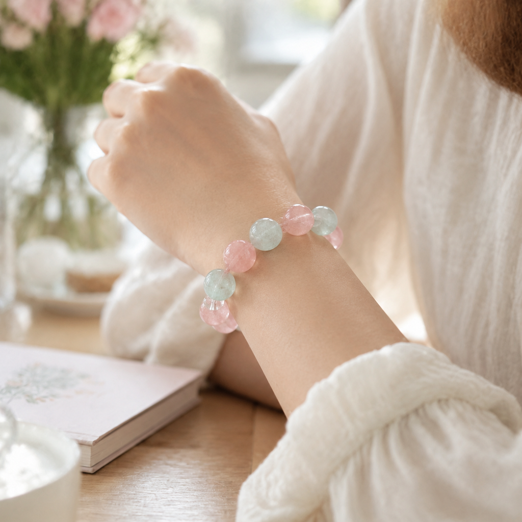 Love & Calm Crystal Bracelet: Rose Quartz & Green Beryl (Aquamarine Family)