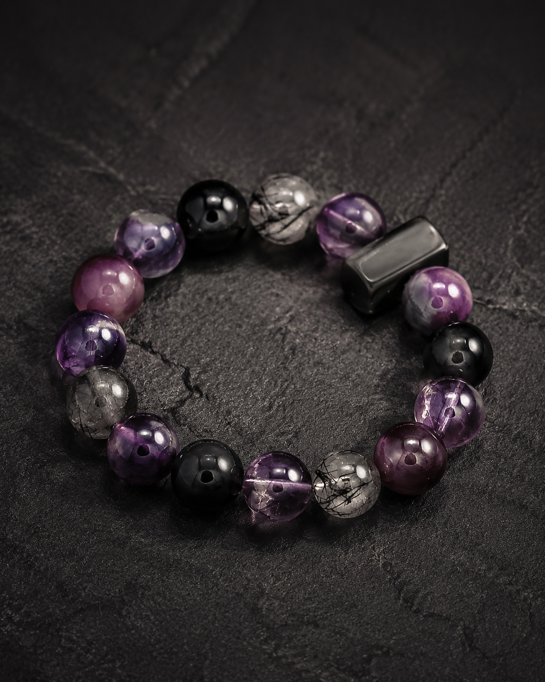 Midnight Aura Amethyst & Black Rutilated Quartz Bracelet