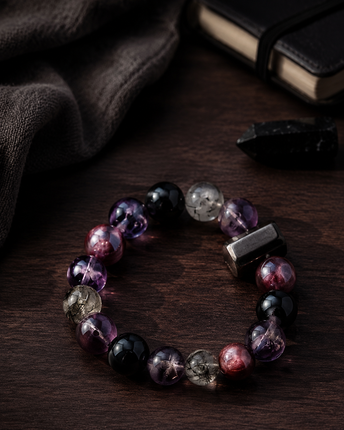 Midnight Aura Amethyst & Black Rutilated Quartz Bracelet