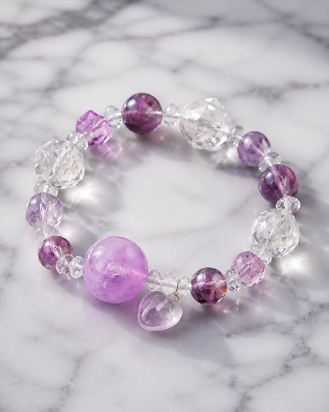 Lavender Glow Amethyst & Clear Quartz Heart Bracelet