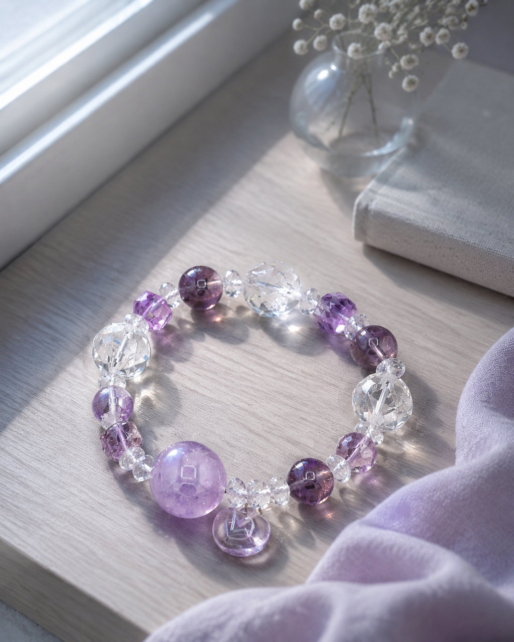 Lavender Glow Amethyst & Clear Quartz Heart Bracelet