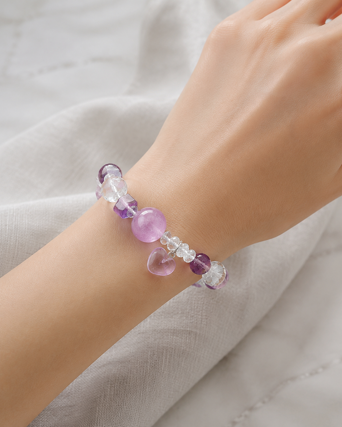 Lavender Glow Amethyst & Clear Quartz Heart Bracelet