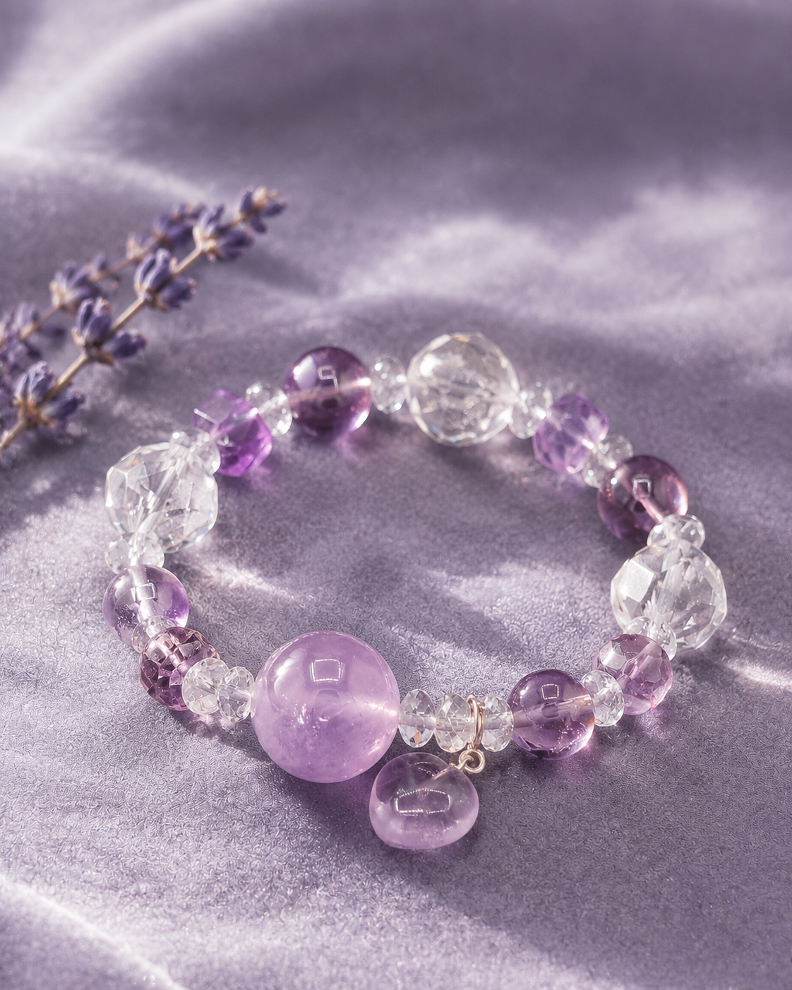 Lavender Glow Amethyst & Clear Quartz Heart Bracelet