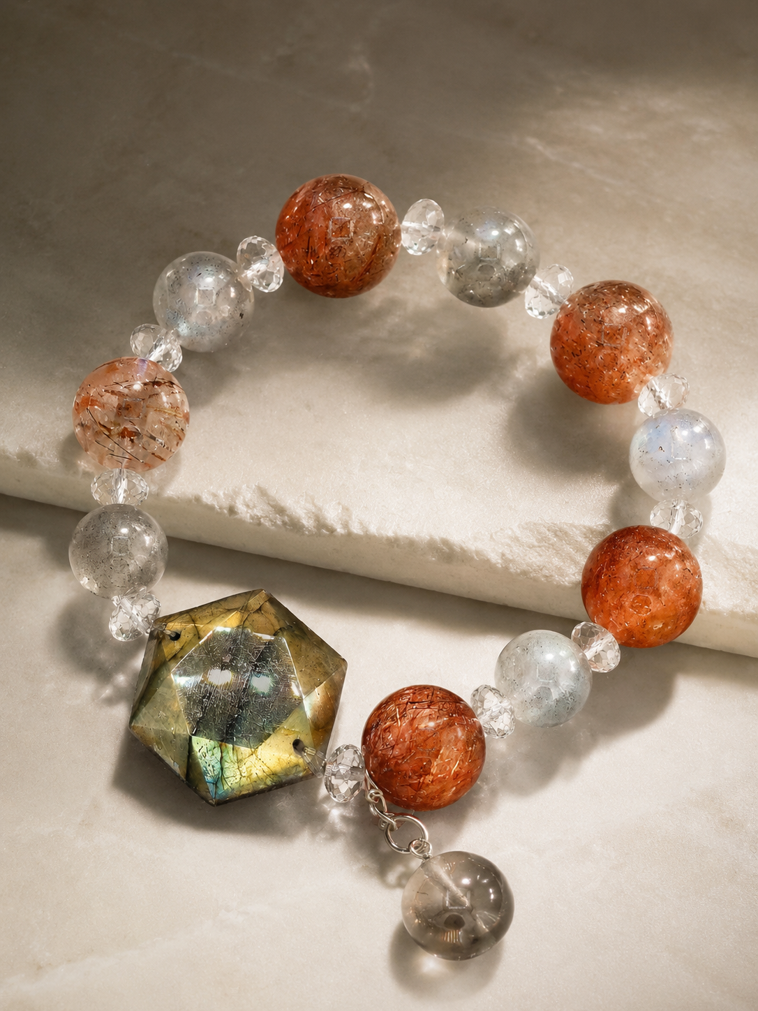 Moonlit Ember Super Seven & Grey Moonstone Bracelet