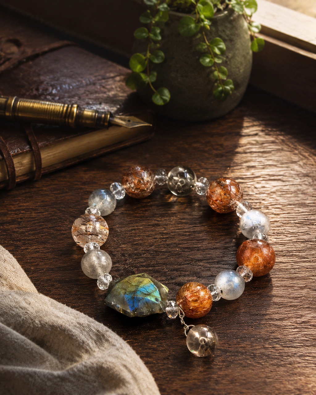 Moonlit Ember Super Seven & Grey Moonstone Bracelet