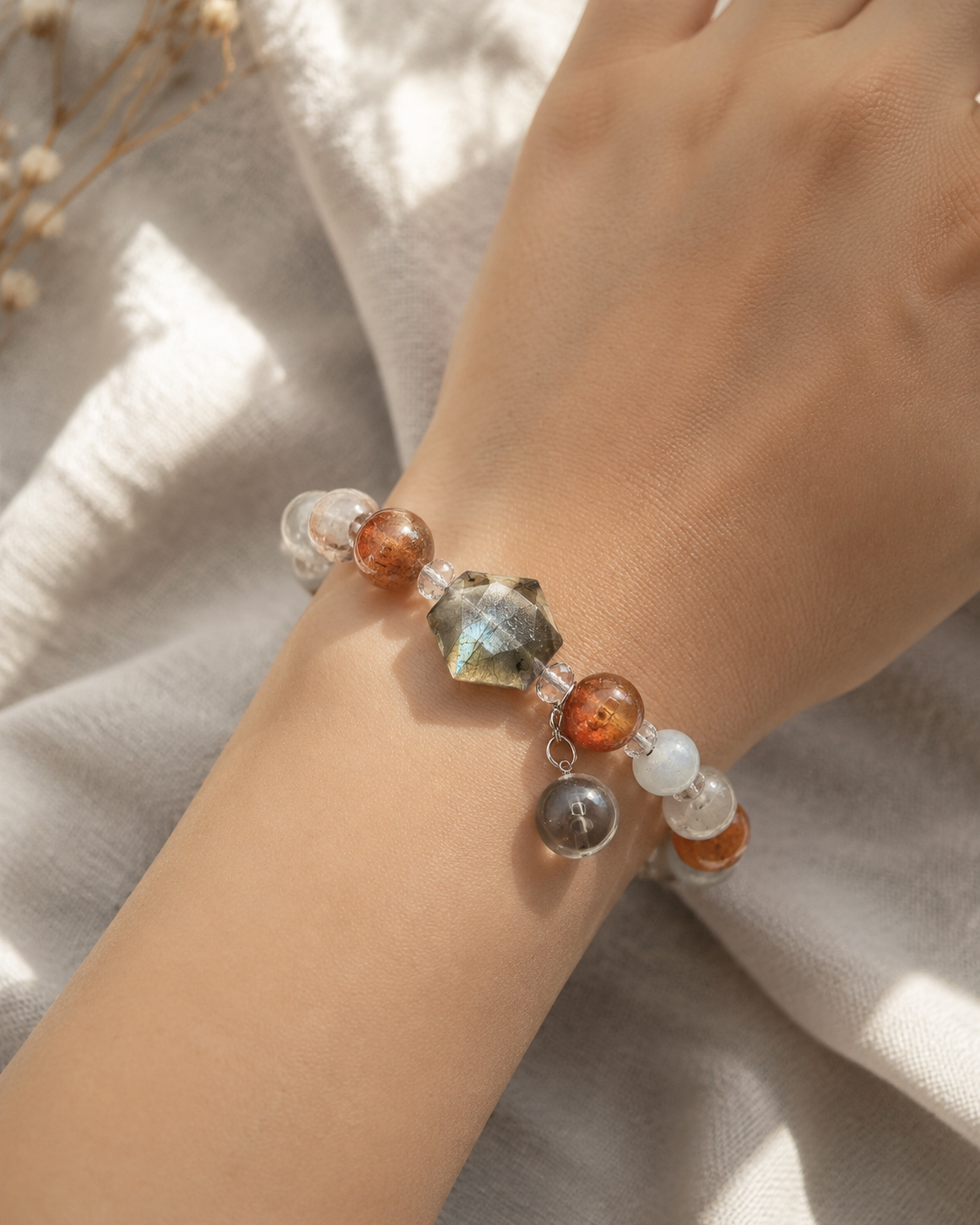 Moonlit Ember Super Seven & Grey Moonstone Bracelet