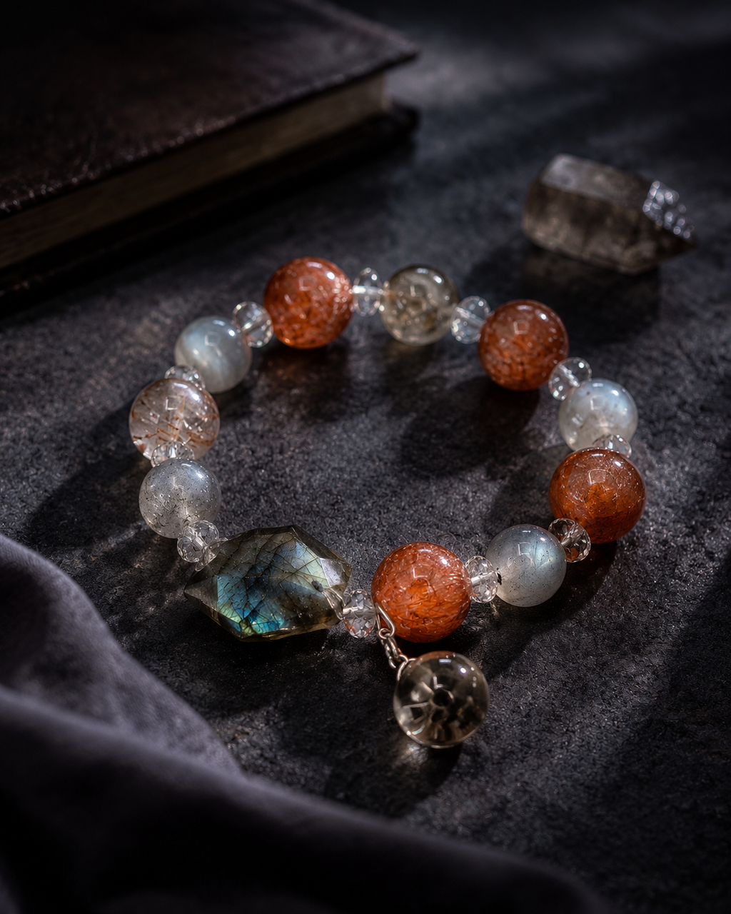Moonlit Ember Super Seven & Grey Moonstone Bracelet