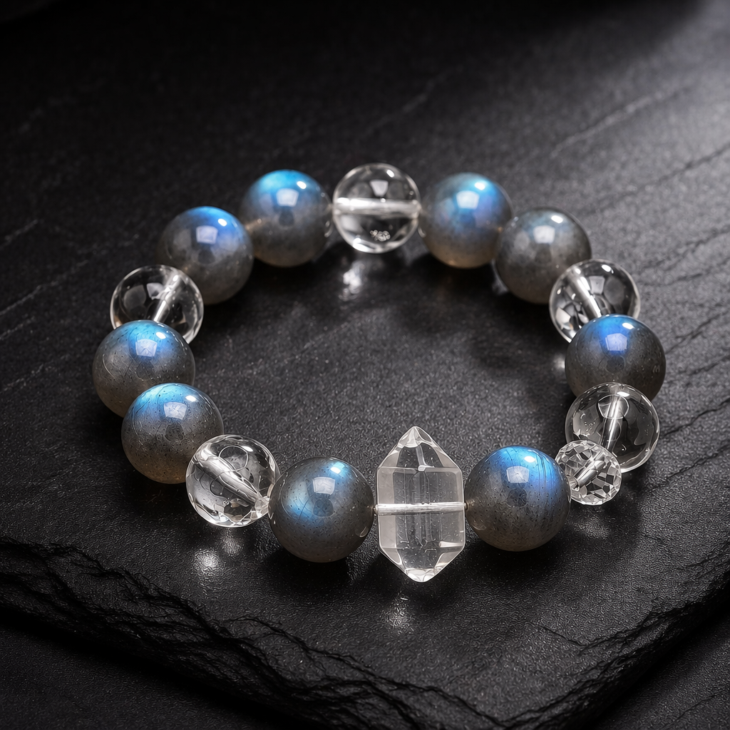 Moonlight Veil Grey Moonstone & Clear Quartz Bracelet