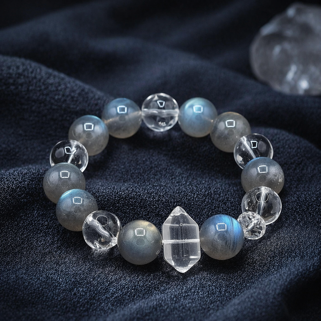 Moonlight Veil Grey Moonstone & Clear Quartz Bracelet