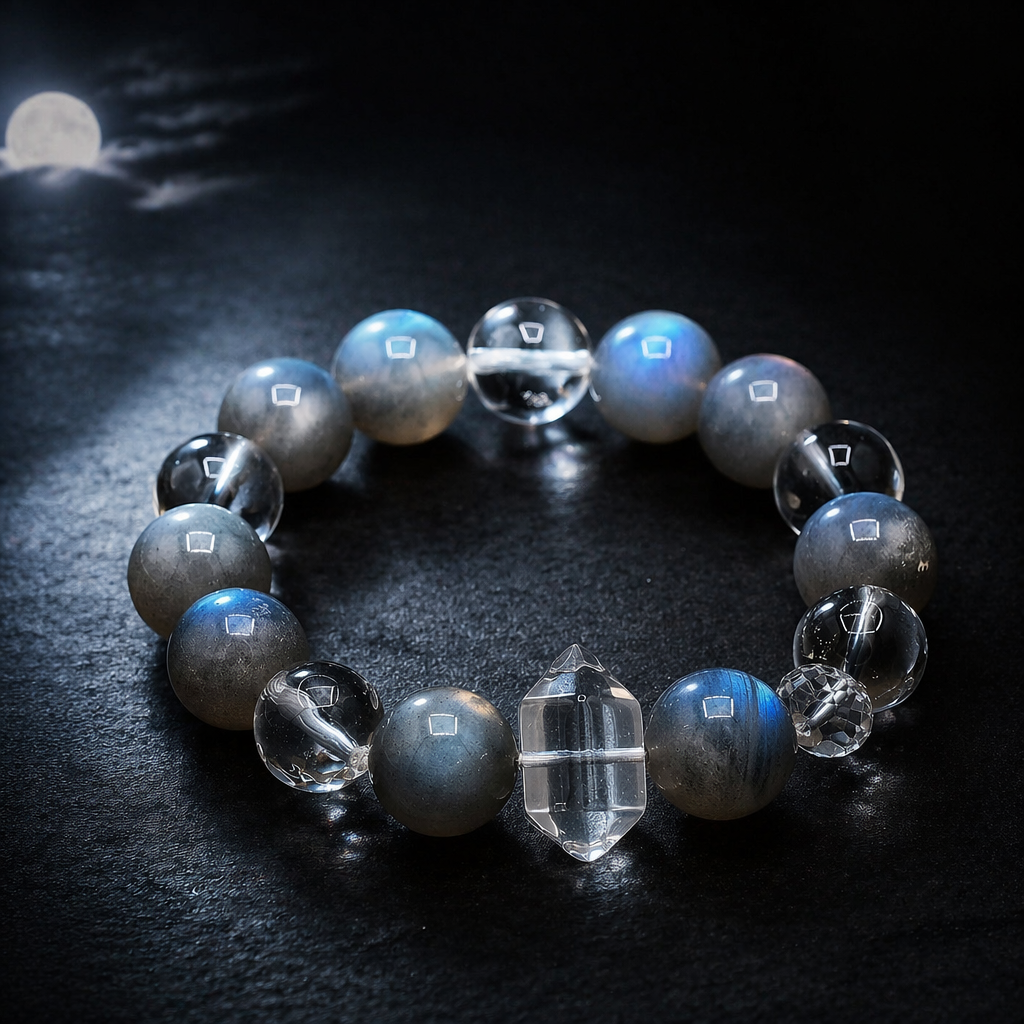 Moonlight Veil Grey Moonstone & Clear Quartz Bracelet