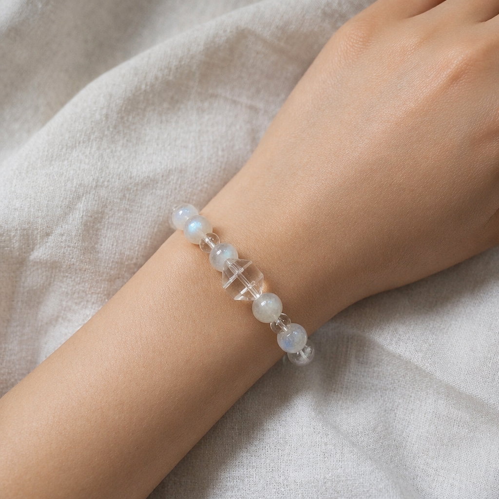 Moonlight Veil Grey Moonstone & Clear Quartz Bracelet
